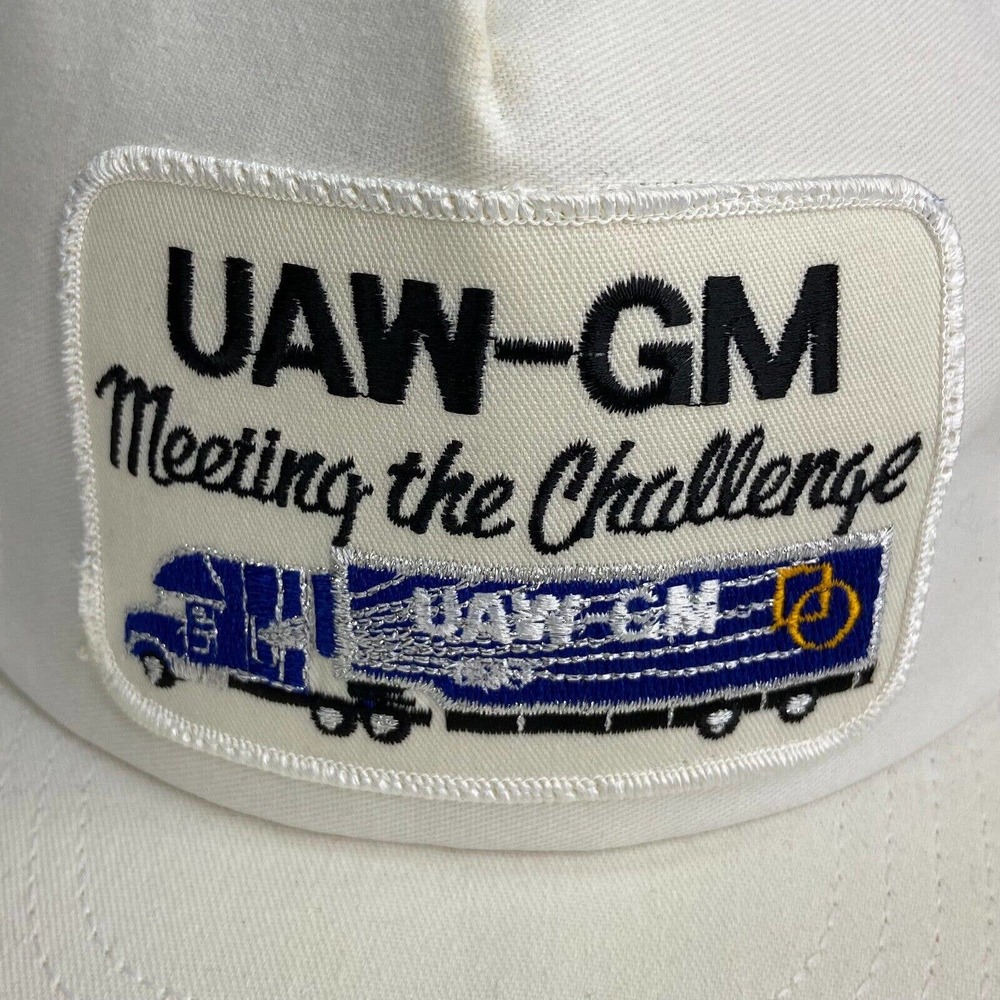 UAW GM General Motors Union Auto Worker Cap Trucker Hat Leather Strap Vintage